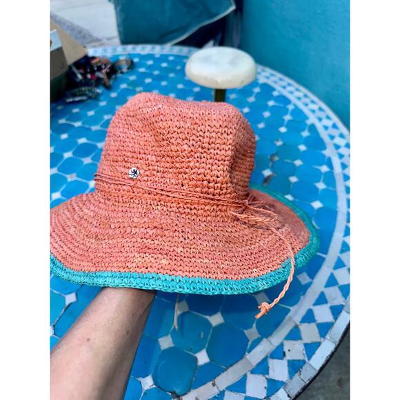 VINTAGE FLORA BELLA 100% RAFFIA ADJUSTABLE STRAW HAT CORAL TURQUOISE - Picture 2 of 6